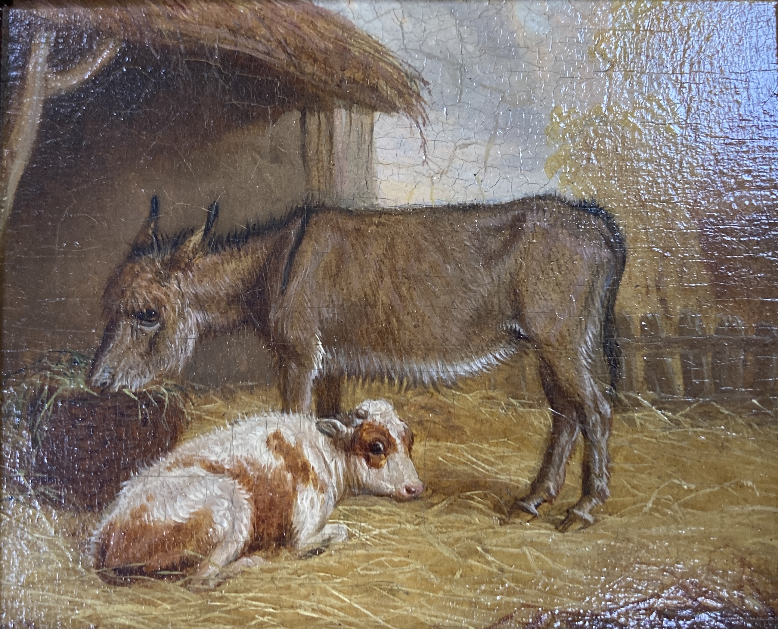 Martin Theodore Ward, pair of oils on panel, Sheep beneath a tree and donkey and calf beside a stable, 8 x 10cm